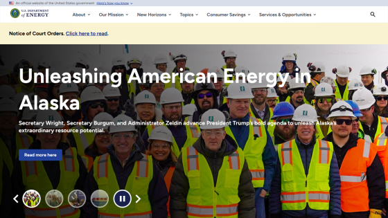 Homepage featuring a group of workers in safety gear with the headline about American energy in Alaska.
