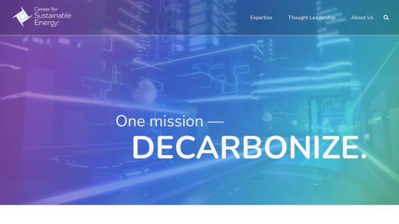 Center for Sustainable Energy website with mission statement to decarbonize and navigation links Expertise, Thought Leadership, About Us