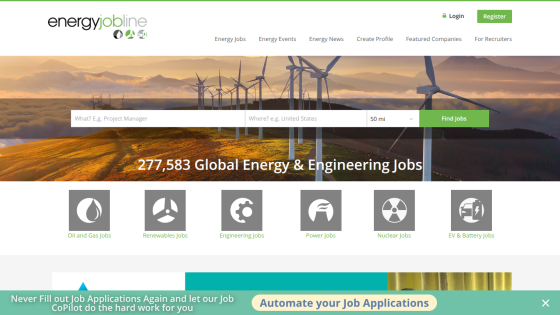 Energy job board homepage with search bar, job count, and job category icons over a sunset background