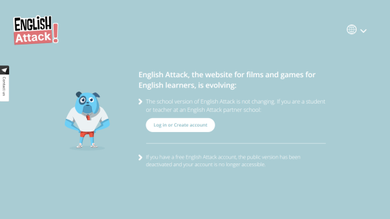 English Attack website evolving notice with login prompt for partner school students and teachers