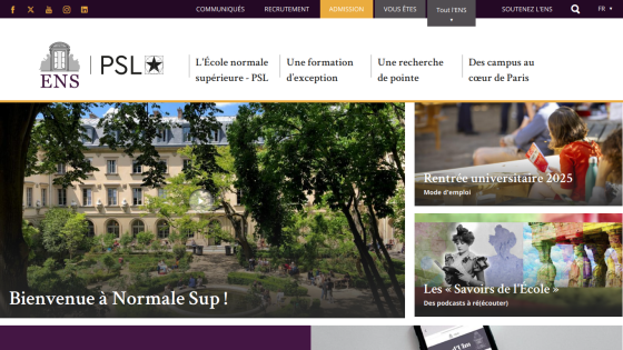 Homepage of ENS PSL featuring a welcome message and campus image.