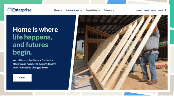 Enterprise homepage with message about affordable housing and a call to action button labeled About