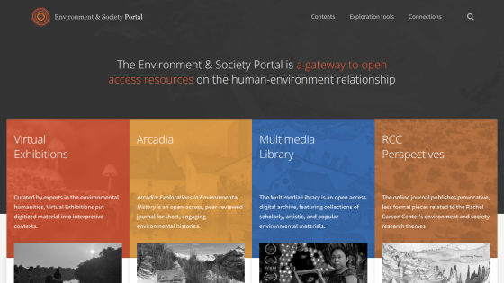 Environment & Society Portal homepage with navigation and sections for Virtual Exhibitions, Arcadia, Multimedia Library, and RCC Perspectives