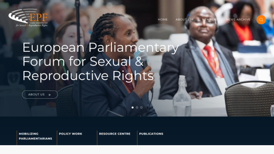 European Parliamentary Forum for Sexual & Reproductive Rights homepage with navigation and about us button