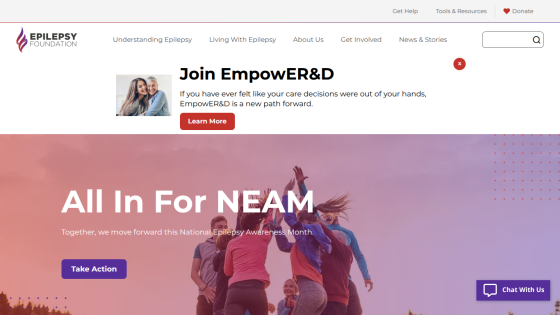 Epilepsy Foundation homepage with navigation, Join EmpowER&D callout, and National Epilepsy Awareness Month hero section with Take Action button