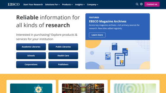 Homepage of EBSCO featuring research solutions and service categories.