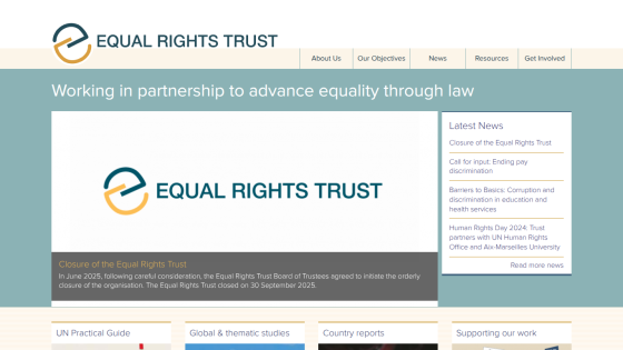 Equal Rights Trust homepage with mission statement, closure announcement, latest news, and navigation menu