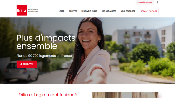 Erilia homepage with navigation and hero section promoting over 90,700 homes in France with a smiling woman and call-to-action button.