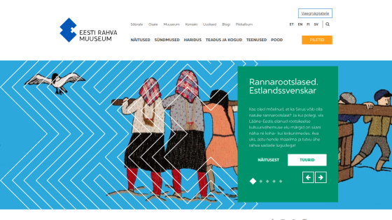 Eesti Rahva Muuseum website with navigation and a hero section about coastal Estonian Swedes exhibition