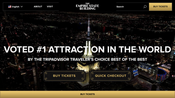 Empire State Building website showcasing top attraction status with ticket purchase options.