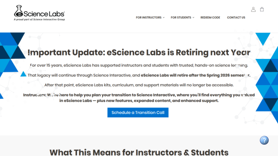 Announcement about eScience Labs retiring next year with a call to schedule a transition call.