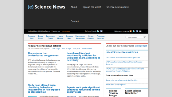 Homepage of Science News featuring popular articles and navigation links.