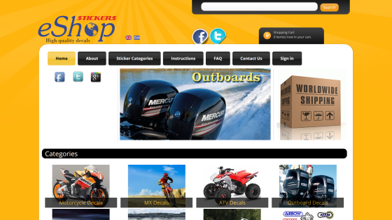 eShop homepage featuring outboard motors and categories for various products.