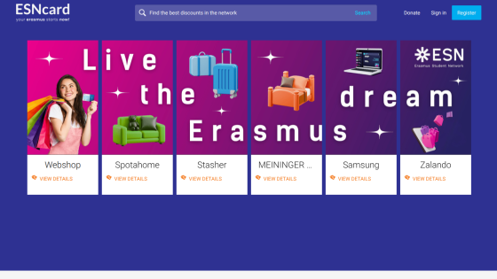 ESNcard website header with search bar and promotional cards for discounts on webshop, housing, travel, and electronics