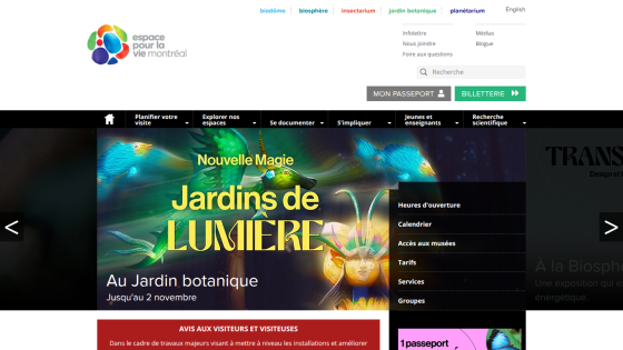 Homepage featuring 'Jardins de LUMIÈRE' event at the botanical garden.