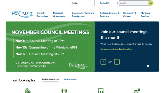 Township of Esquimalt website showing November council meetings schedule and invitation to join meetings