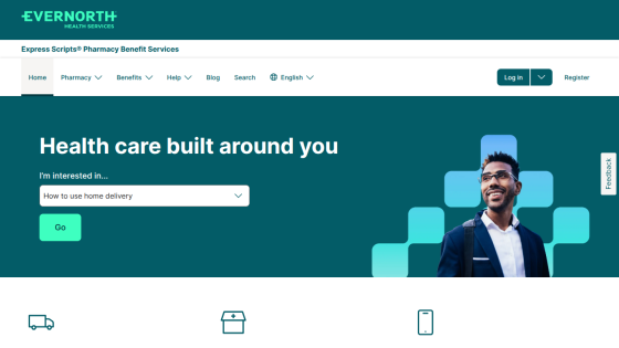 Evernorth Health Services homepage with navigation and a hero section titled 'Health care built around you' featuring a dropdown and Go button