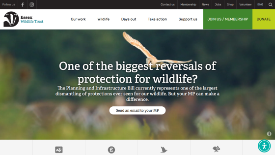 Essex Wildlife Trust website with a call to action about wildlife protection and sending an email to your MP.