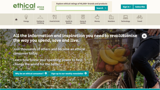 Homepage of Ethical Consumer with a bicycle and fruits, promoting ethical spending.