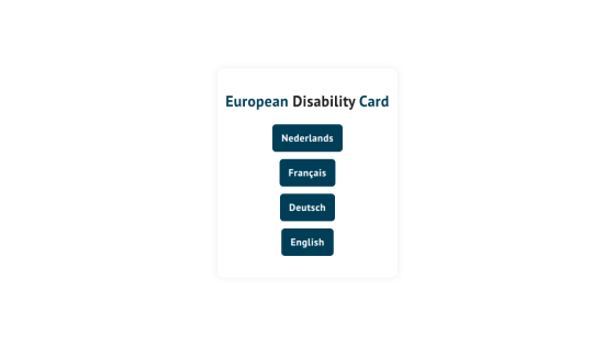 Language selection screen for European Disability Card with options Nederlands, Français, Deutsch, English