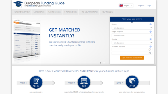 European Funding Guide homepage with search form to find scholarships and grants, explaining 3-step process to apply