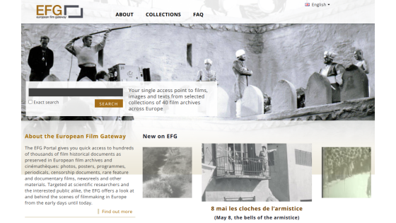 European Film Gateway homepage with search bar, historical film archive info, and new film highlights