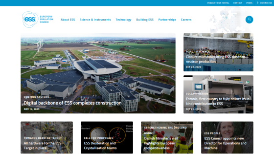 European Spallation Source homepage with news on ESS construction, neutron production milestones, and collaborations