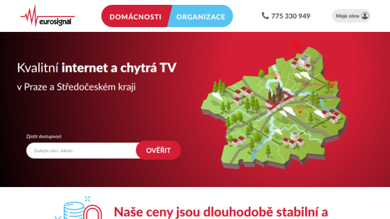 Homepage for internet and TV services in Prague, featuring a map and service details.