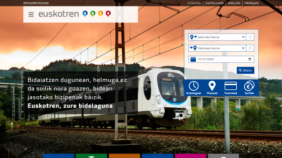 Train service website with a train on tracks at sunset and a search form for departure, destination, and date
