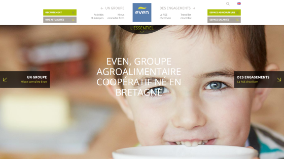 Homepage of Even, showcasing a child with a bowl, emphasizing cooperative agriculture in Brittany.