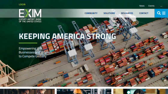 Homepage of EXIM Bank featuring the slogan 'Keeping America Strong' and an image of shipping containers.