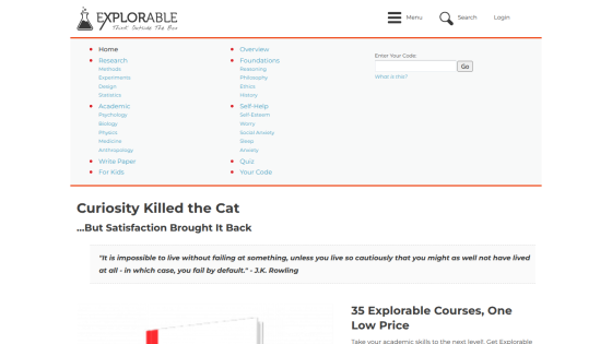 Homepage of Explorabile featuring a quote and links to courses.