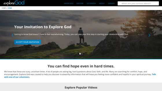 Explore God homepage inviting users to start their relationship with God and find hope in hard times