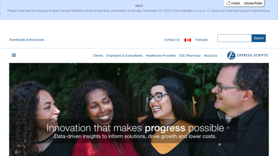 Website hero with headline 'Innovation that makes progress possible' and subtext about data-driven insights, showing diverse professionals