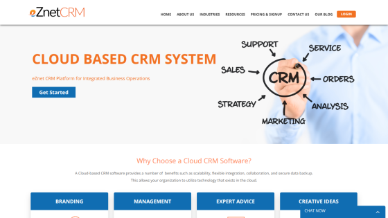 Cloud-based CRM system homepage with key features and a call to action.