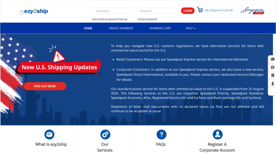 Ezy2ship homepage with login, navigation menu, and announcement about new U.S. shipping updates