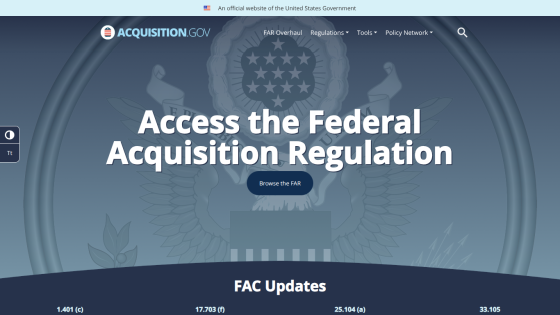 Government website homepage with navigation and a call to access the Federal Acquisition Regulation