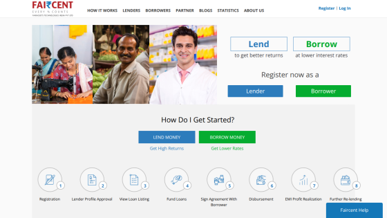 Faircent peer-to-peer lending platform homepage with registration options for lenders and borrowers and step-by-step process
