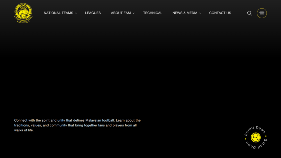 Homepage of Malaysian football federation with navigation menu and introductory text about Malaysian football spirit and community