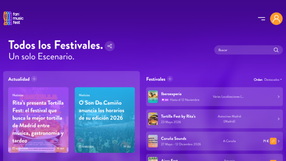 Homepage featuring festival listings and announcements in a vibrant layout.