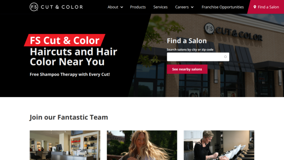 FS Cut & Color homepage with salon finder, headline about haircuts and color, and free shampoo therapy offer