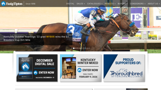 Fasig-Tipton horse racing site with headline about Kentucky October Yearlings '22 grad NYSOS winning G1 Breeders' Cup Dirt Mile and sale promotions