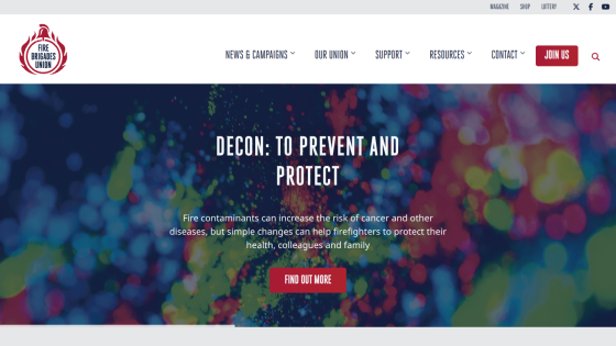 Fire Brigades Union website with a campaign on preventing and protecting against fire contaminants and health risks