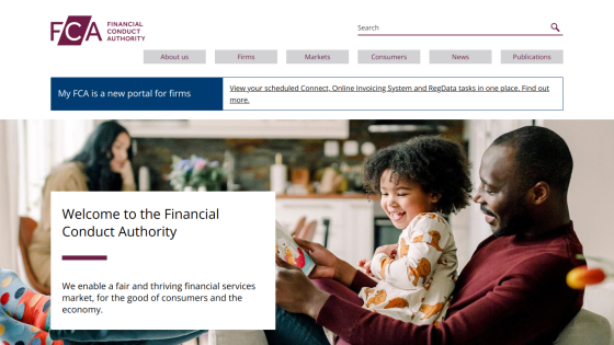 Homepage of the Financial Conduct Authority featuring a welcome message and an image of a father and child.