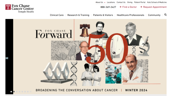 Fox Chase Cancer Center homepage with navigation, contact info, and a hero section celebrating 50 years of cancer research and care