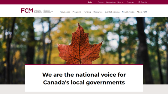 Federation of Canadian Municipalities homepage with a maple leaf image and headline about representing Canada's local governments