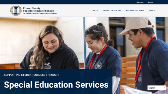 Fresno County Superintendent of Schools website highlighting Special Education Services with staff interacting