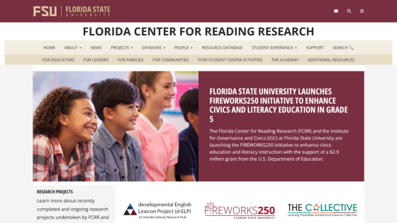 Florida Center for Reading Research homepage with news on FIREWORKS250 initiative to enhance civics and literacy education in grade 5