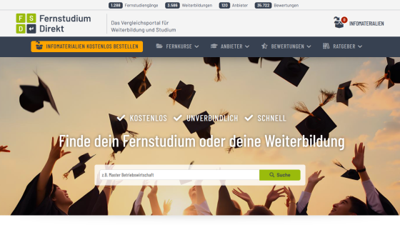 Website for finding distance learning and continuing education programs with search bar and graduation cap background