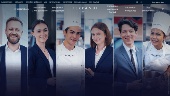 Ferrandi Paris website header with navigation and hero section featuring six smiling professionals in culinary and business attire